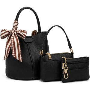 3-Piece Bucket Bag Set for Women, Vegan Leather Crossbody Handbag with Makeup Pouch & Coin Purse, Small Purses for Work