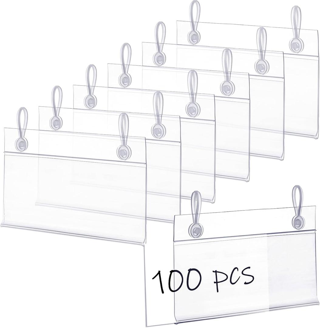 Elsjoy 100 Pack Plastic Wire Shelf Label Holders, 4" x 2.3" Clear Price Tag Holder Sign & Ticket Holder with Double Snap Lock Closure, Reusable Basket Label Holders for Market, Retail Shop, Pantry Elsjoy 100 Pack Plastic Wire Shelf Label Holders, 4" x 2.3" Clear Price Tag Holder Sign & Ticket Holder with Double Snap Lock Closure, Reusable Basket Label Holders for Market, Retail Shop, Pantry