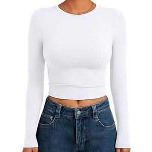 Trendy Queen Womens Long Sleeve Crop Tops Basic Slim Fitted Shirts Fashion 2025 Going Out Y2k Tops Teen Girl Clothes, White, XS