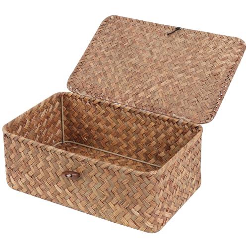 FEIALNDUO Wicker Shelf Baskets with Lid,Seagrass Storage Basket Bins Rectangular Handwoven Basket Boxes for Shelves Desktop Home Organizer (Coffee, Small)