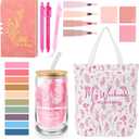 Havawish 14 Pcs Book Lovers Gifts for Women 16 oz Glass Cup Tote Bag A6 Journal Notebook Ballpoint Pens Highlighters Sticky Notes for Library Reader Bookworm Book Club(Flesh Pink,Aesthetic)