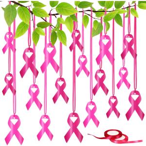 Unittype 18 Pack Pink Ribbon Breast Cancer Awareness Decorations with 2 Rolls 24 yd Ribbon Large Breast Cancer Hanging Ornaments Signs for Women Girls Yard Outdoor Charity Public Party Supplies