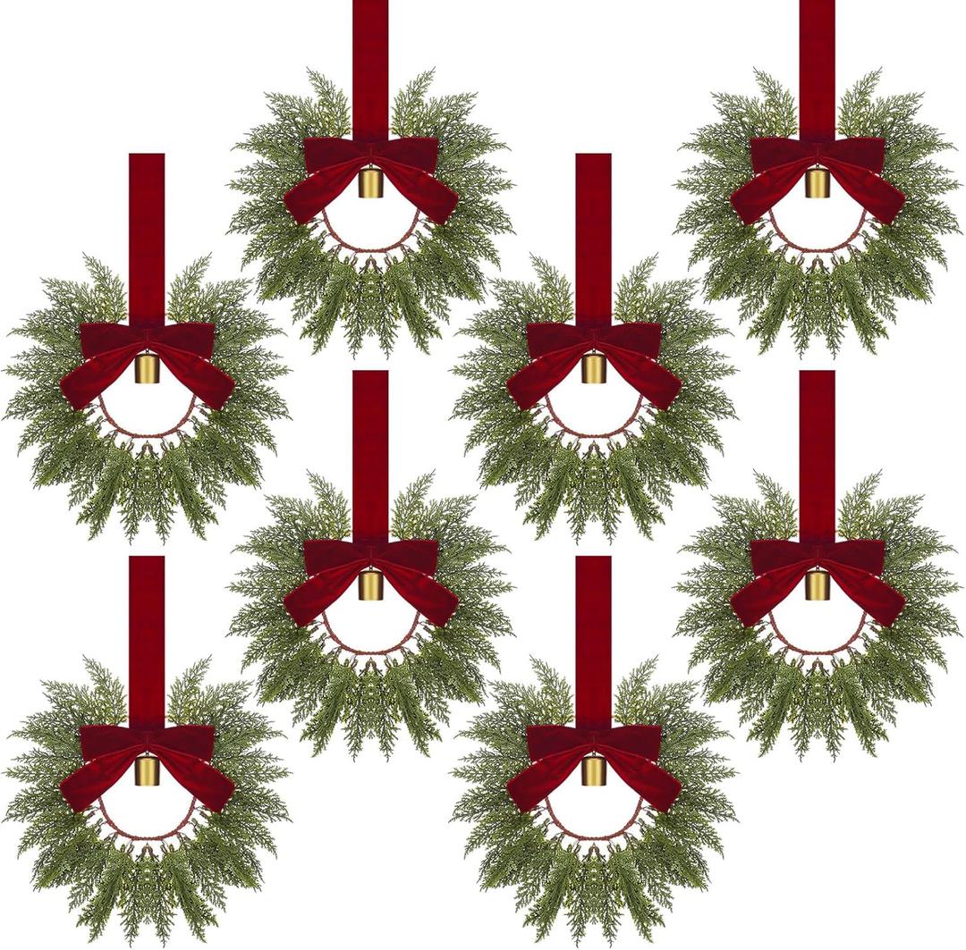 Dingion 8 Pcs 9.8" Small Christmas Cabinets Wreaths Mini Wreaths for Kitchen Window Chair Backs with Ribbon Bell Artificial Greenery for Farmhouse Holiday Decoration(Velvet,Classic,Deep Red)