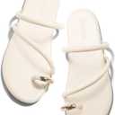 Coutgo Womens Strappy Flat Sandals Square Open Toe Flip Flops Slides Toe Ring Metal Summer Dress Shoes, Beige, size 7.5