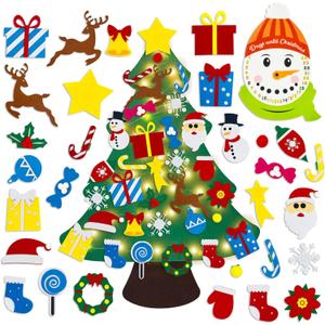 3.2Ft DIY Felt Christmas Tree Set for Kids Toddlers, 34 Hanging Ornaments Felt Christmas Tree with Light Wall Craft Kits for Xmas Party Office Decoration, New Year Door Wall Decorations