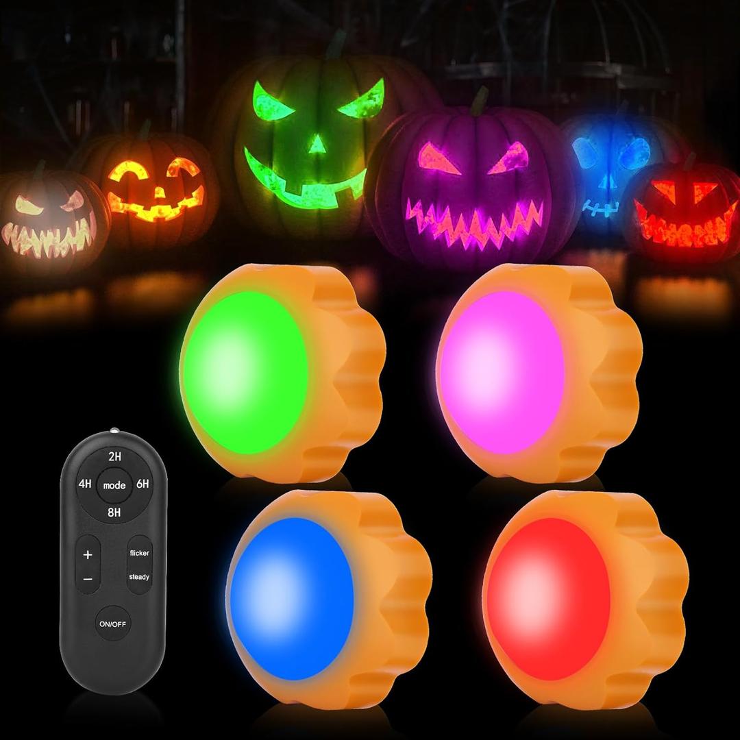 4 Pack Halloween LED Pumpkin Lights Battery Operated, Remote Control Always On/Colorful Candlelight Ambient Light Multi-Function Timing Bedside Light for Bedroom
