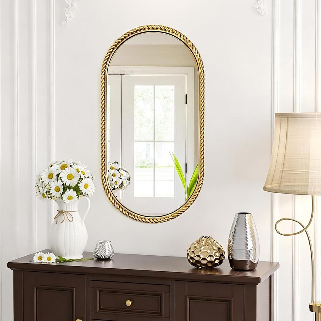 Gold Oval Mirror, 16"x32" Hanging Wall Mirror with Antique Gold Braided Metal Cord Frame, Modern Distressed Wall Decor for Bedroom, Living Room, Entryway