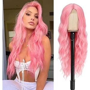 BUPPLER Cosplay Long Pink Wig 28 Inch Middle Part Synthetic Wig Realistic Gifts Party Wigs for Women Daily Use Colorful Wigs (Pink)