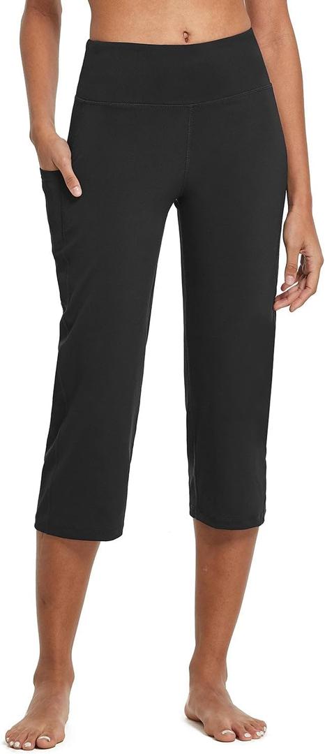baleaf Womens Capri Pants with Pockets Yoga Capri Leggings High Waist Wide Leg Crop Exercise Workout Summer Pants (Black, S)