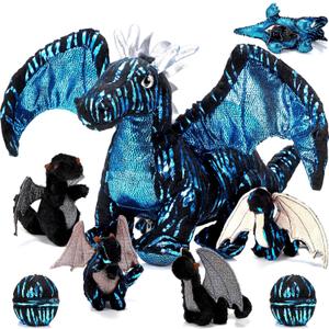 Deekin 7 Pcs Dragon Toy Set 16 Inch Large Dragon Stuffed Animal with 4 Baby Plush and 2 Eggs in Mommy's Belly Dinosaur Plushies Gifts for Boys Girls Birthday Christmas(Cool Style)