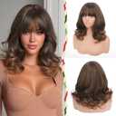 Wig with Bangs for Women | 16 Inch Layered Body Wave Synthetic Wig | Heat Resistant Yaki Fiber Natural Looking Shoulder Length Wigs | Synthetic Wig for Daily Wear - Auburn Mix Dark Brown