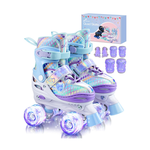 Sportneer Kids Roller Skates: 4 Size Adjustable Quad Skates with Light Up Wheels for 5-8 8-12 Girls Boys Kids Toddlers Beginners, Birthday Gift Kids Skates with Protective Gear Set for Outdoor Indoor XS