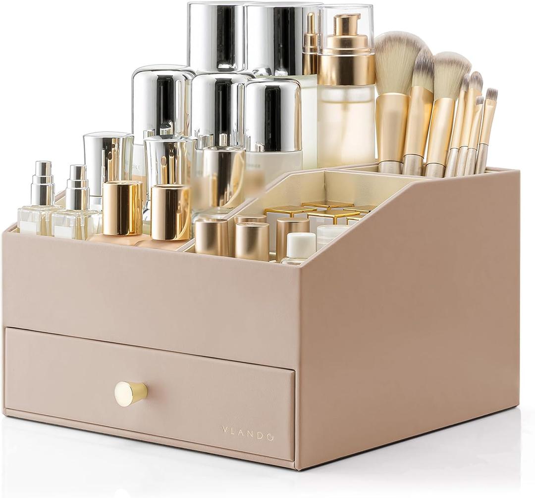 Vlando Makeup Organzier,Vanity Organizer with Drawers, PU Leather Skincare Organizer Perfume Organizer,Large Cosmetic Display Case for Lipstick,Brushes Gifts for Women-Toffee (2 layers-Toffee)