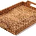 Handwoven Rattan Serving Tray with Handles 17" Rectangular Wicker Tray for Coffee Table, Breakfast, Drinks, Fruit, Snacks, Ottoman & Kitchen Counter Decor