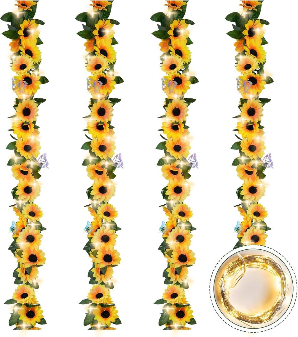 4 Pack Sunflower Garland Decor,7.5ft Artificial Sunflower Vines with Lights,Hanging Fake Silk Sunflowers Garland for Table Centerpieces Wedding Party Birthday Decorations