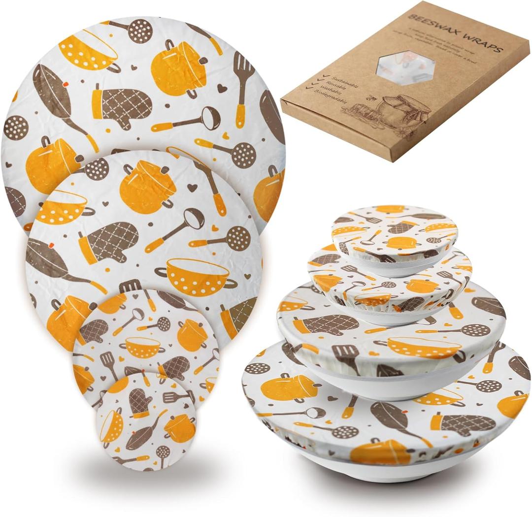 4PCS Reusable Beeswax Bowl Covers for Bread Proofing, Washable Sourdough Proofing Covers, Elastic Cotton Dish Domes for Food Storage (4PCS-Kitchen Tools)