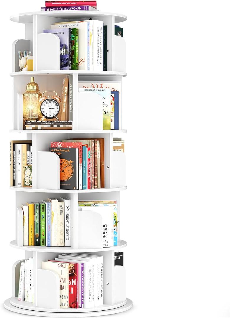 Besiost Rotating Bookshelf Tower, 5 Tier Spinning Bookcase, Revolving 360 Book Shelf Narrow Tall Bookcase, Vertical Turning Round Bookshelf Organizer, Wood Corner Book Shelf for Small Space, White, 5 Tier, 63.6" H