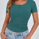 PRETTYGARDEN Womens 2026 Summer Short Sleeve Tops Ribbed Henley Button Slim Fit Basic Casual T Shirts Blouse Fashion Clothing (Blue, M)