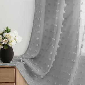 Grey Sheer Curtains 84 Inches Long for Living Room Bedroom Boho Pom Pom Curtains 2 Panels Set, Back Tab Rod Pocket Curtain Easy to Install Semi Sheer Modern Aesthetic Drape,Grey 52x84