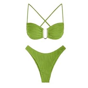 ZAFUL Women Bikini Sets Ribbed Texture U Metal Criss Cross High Cut Swimsuit Back Tie Bathing Suit with Cheeky Thong Bottoms (Large, Green)