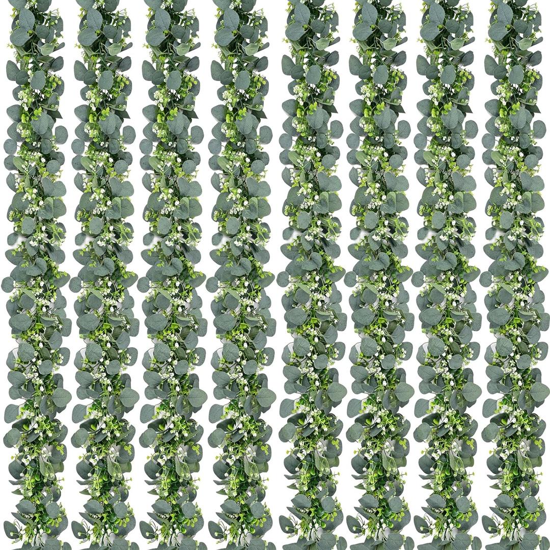 Waipfaru 8Pcs Eucalyptus Garland, 5.9FT Greenery Garland, Green Garland with Flowers, Artificial Faux Silver Dollar Eucalyptus Leaves Vines for Table Home Wedding Mantle Party Indoor Outdoor Decor