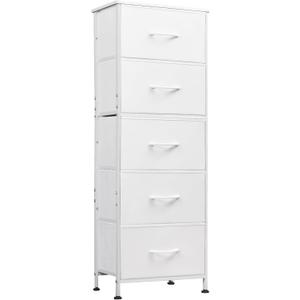 WLIVE Fabric Dresser, 5-Drawer Tall Dressers for Bedroom, Storage Dresser Organizer with Fabric Bins, Wood Top, Sturdy Steel Frame, Chest of Drawers for Closet, Hallway, White