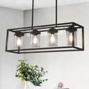 Black Kitchen Light Fixture,Farmhouse Chandeliers for Dining Room,Rustic Rectangle Linear Pendant Ceiling Light with Clear Glass Shade