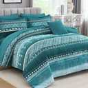 WONGS BEDDING 8 Piece King Size Comforter Set, Teal Texture Striped Bed in a Bag Comforter and Sheet Set, Boho Lightweight Microfiber Bedding Set for All Season (90"×104")