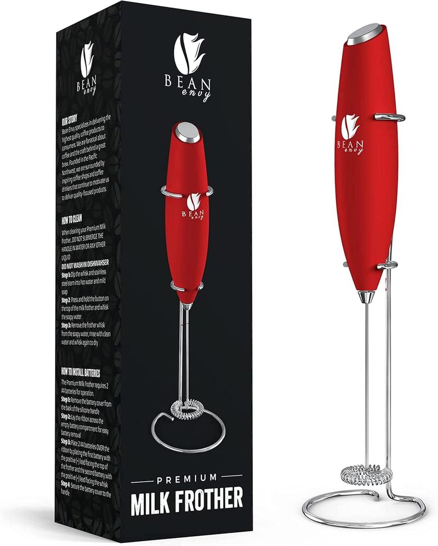 Bean Envy Milk Frother Handheld for Coffee - Electric Hand Blender, Mini Drink Mixer Whisk & Coffee Foamer Wand with Stand for Lattes, Cappuccino, Matcha and Hot Chocolate - Kitchen Gifts - Red