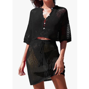 Pink Queen 2 Piece Crochet Swimsuit Cover Ups for Women Hollow Out Knitted Bathing Suit Coverup Beach Crop Top and Skirt. Size XL