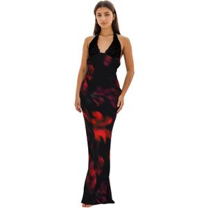 Women Sexy Backless Satin Maxi Dresses Spaghetti Strap Floral Print Dresses Slim Fit Elegant Night Party Outfits (Blue)