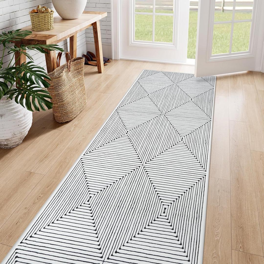 LIVEBOX Modern Washable Runner Rug 2.5x8, Geometric Kitchen Runners Long Entryway Runner Rug, Non Shedding Non Slip Indoor Carpet for Hallway Kitchen Entryway Indoor Laundry Room (02-ivory/Black)