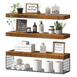 QEEIG Bathroom Shelves 24 inches Long - Floating Shelf for Wall Over Toilet Paper Storage Basket Farmhouse Set of 3, Rustic Brown (019-60BN3) 