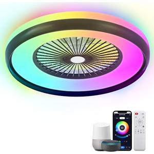 KAMLAM 24" Low Profile Ceiling Fans with Lights, Smart RGB Ceiling Fan with Alexa/Google Assistant/APP Control, Bladeless Flush Mount Enclosed Ceiling Fan Dimmable Color Changing LED Ambient Bedroom
