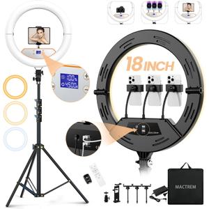 18" Foldable Ring Light with Stand for iPhone ipad, LED Display/2 USB Ports/4 Phone Tablet Holders, 2700-6500K Dimmable Ring Light for Tattoo Barber Makeup Studio Video Recording Photography (Black)