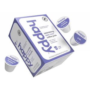 happy coffee dark roast coffee pods, 22 count, notes of cocoa & contentment, compatible with most K-cup brewers, rainforest alliance certified