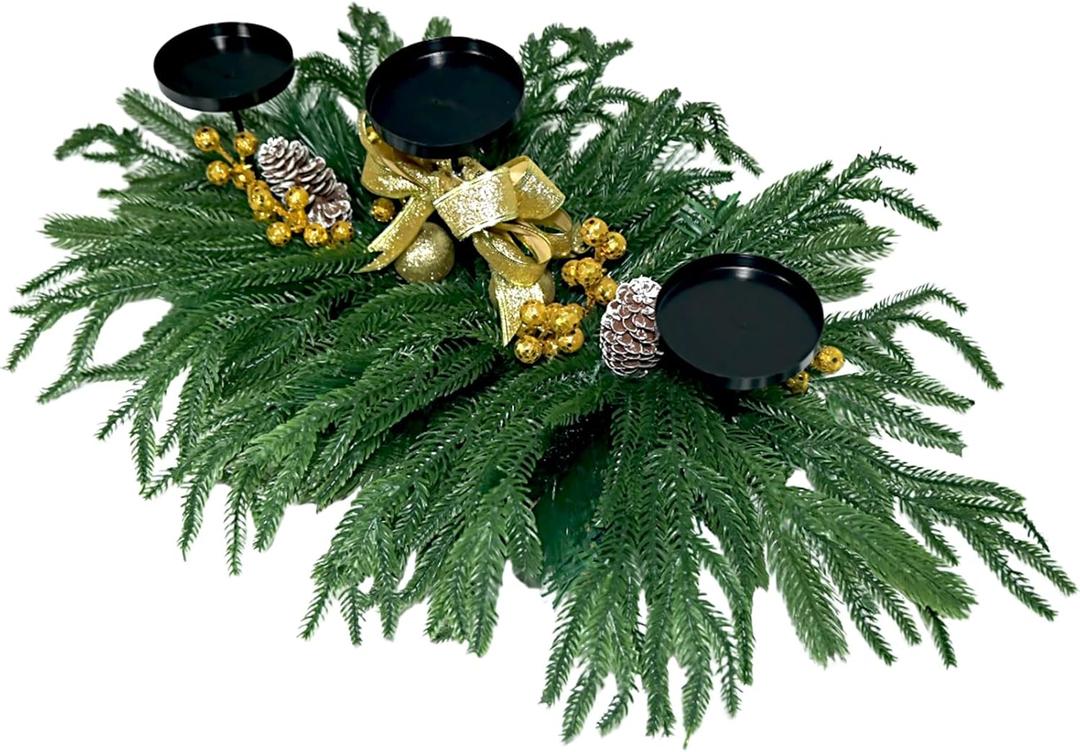 27.6" Christmas Centerpiece Christmas Candle Holders Table Decorations with Golden Glitter Bow Berries Pine Cones Norfolk Garland Lights Xmas Table Centerpiece for Home Mantel Tabletop Decoration