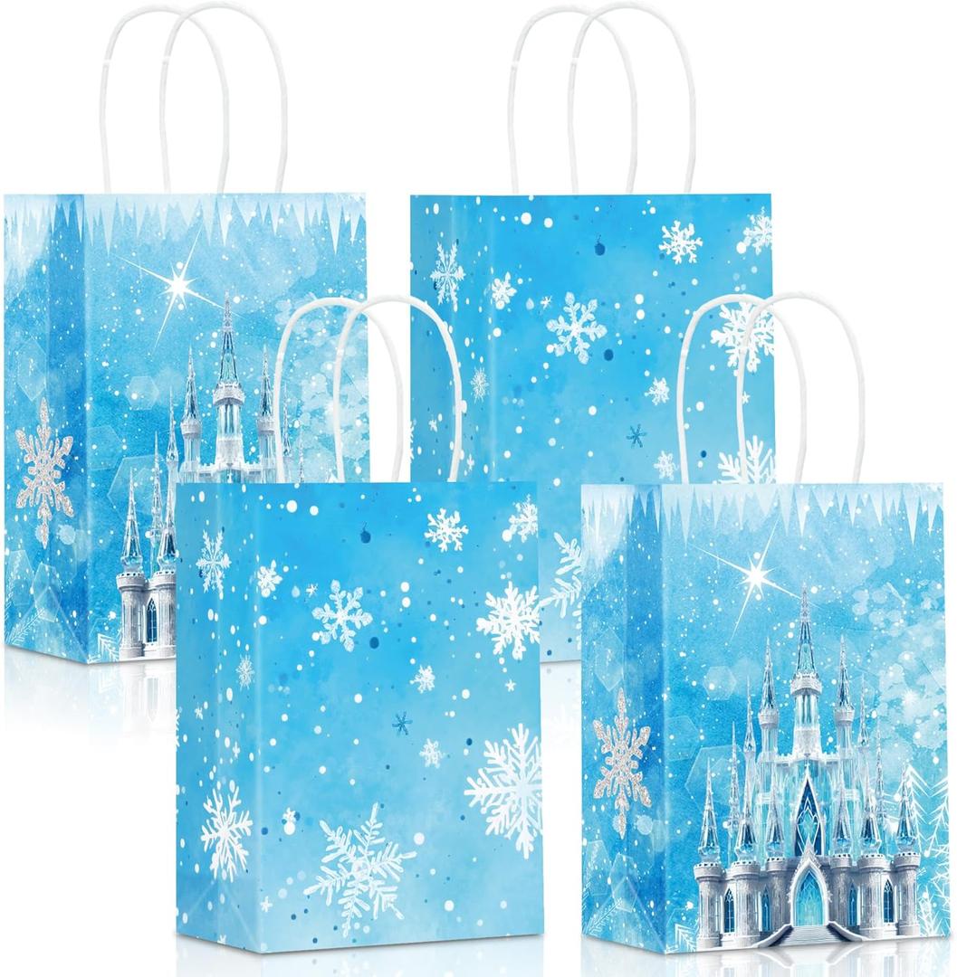 24Pcs Snowflake Gift Paper Bags Snowflake Castle Candy Treat Goodie Bags with Handle for Wonderland Snowflakes Birthday Winter Party Supplies