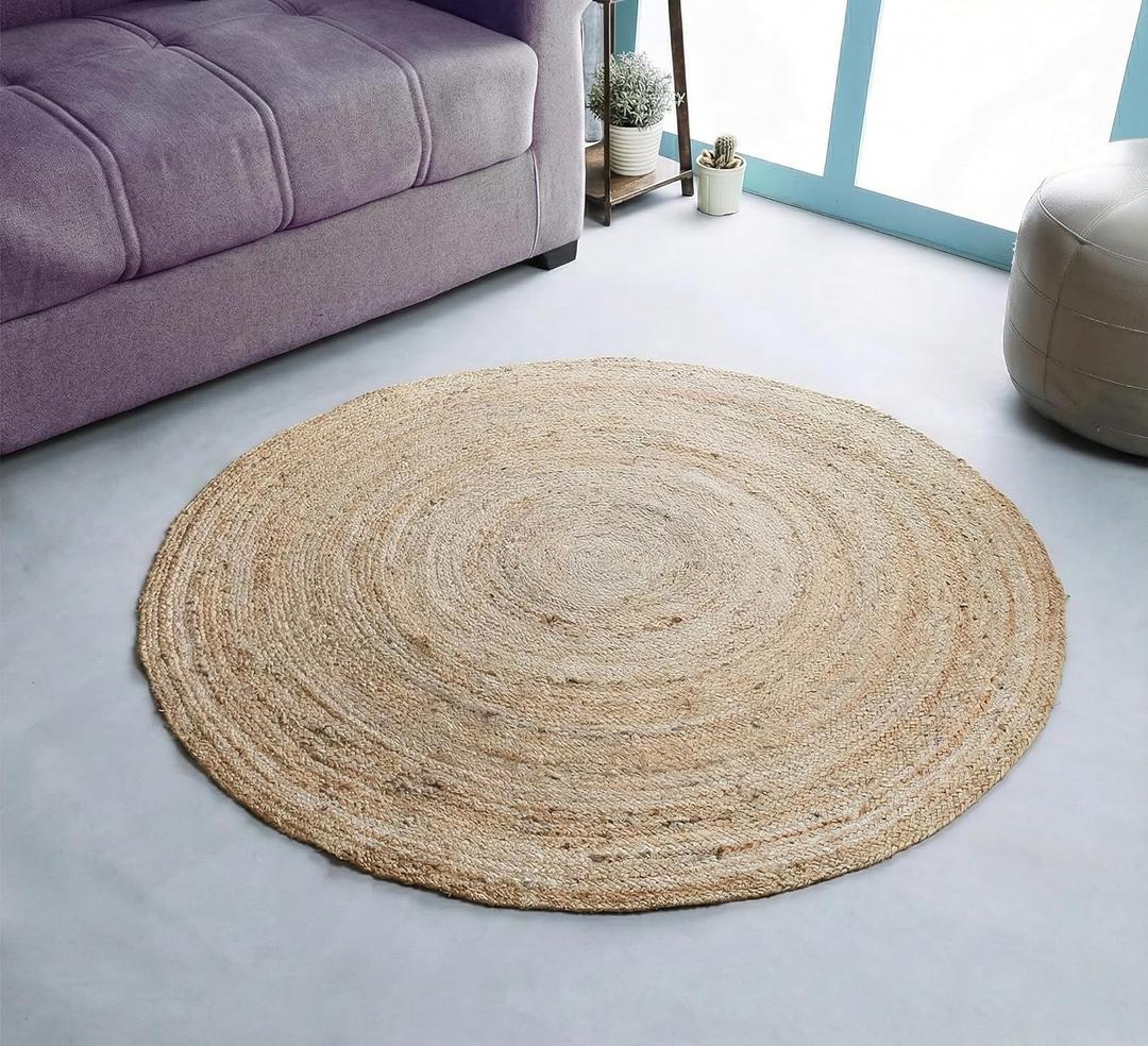 Hausattire Hand Woven Jute Braided Rug, 4 Round  Natural, Reversible Boho Entry Area Rugs for Kitchen, Living Room I Farmhouse Decorative Floor Rug, 4 Feet Round