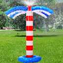 Summer Inflatable Sprinkler 59 x 20.5 Inch American Flag Sprinkler Outdoor Water Game Patriotic Red Blue Backyard Decoration Summer Palm Tree Decor for Yard Hawaiian Independence Day Party