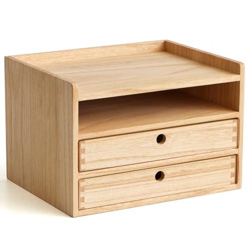 KIRIGEN Desktop Organizer with 2 Drawers and Tray - Wood Office Desk Storage Shelf for Office Supplies - Small Cabinet for Countertop Accessories Storage 3 Layer Natural（DT3D2C-NA）