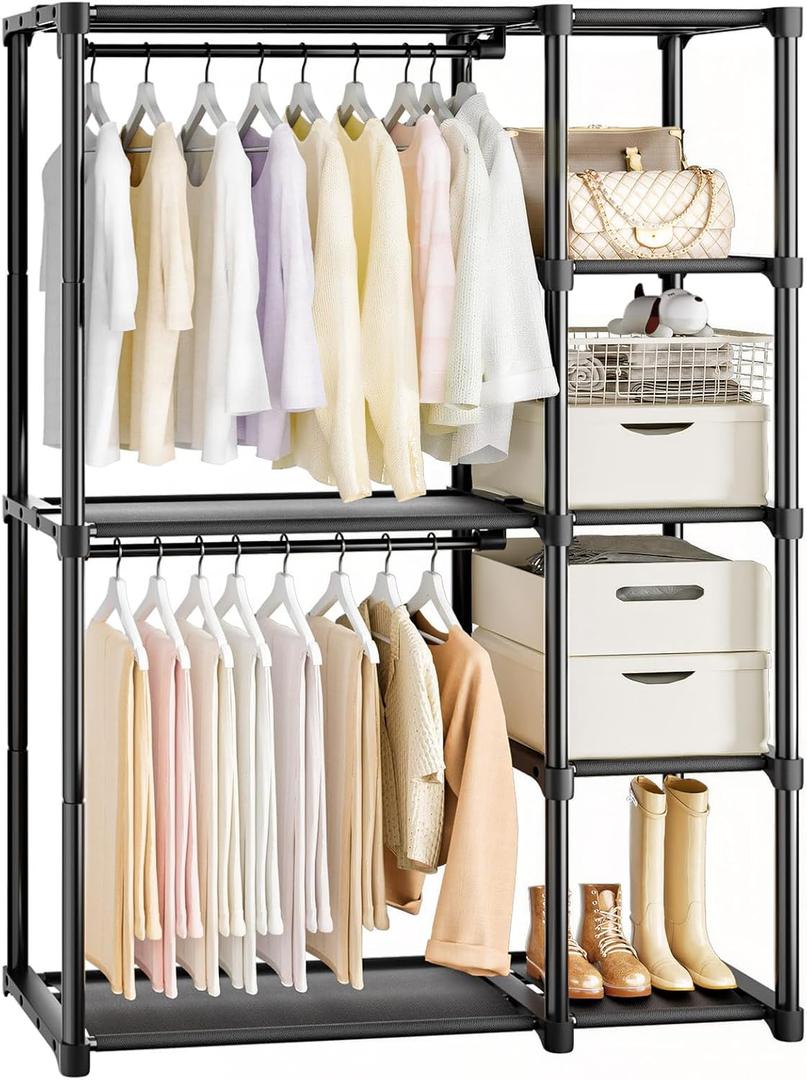 Mavivegue 4-Tier Portable Closet with Shelves & Hanging Rod - Portable Wardrobe Closet for Bedroom, Closet, Dorm - Easy Assembly Clothing Rack with Shelves for Clothes, Shoes, Accessories, Black (16"D x 48"W x 64"H)