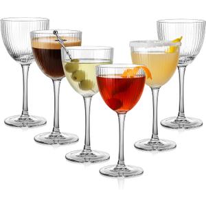Vintage Art Deco Nick and Nora Cocktail Glasses, 5 oz Crystal Ribbed Cocktail Glassware for Drinking Classic Gin, Whiskey, Vodka Bar Drinks (Set of 6)