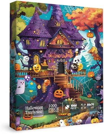 Halloween Treehouse Funny Puzzles for Adults 1000 Pieces, Fall Horror Skeleton Holiday Jigsaw Puzzles, Autumn Ghost Pumpkin Spooky Haunted House Puzzle
