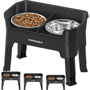 URPOWER 3-in-1 Elevated Dog Bowls - Mess Proof Double Deck 4 Height Adjustable Raised Stand with 2 Stainless Steel Food Bowls & Licking Plate for Small, Medium & Large Dogs (Black)