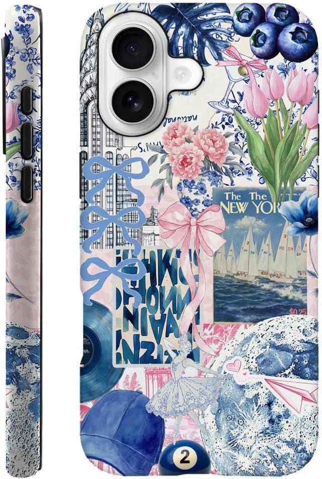 DAIZAG Case Compatible with iPhone 17,Fit Shockproof Cover for Women Girls,Collage Tulip Lotus Flower Bow Blue