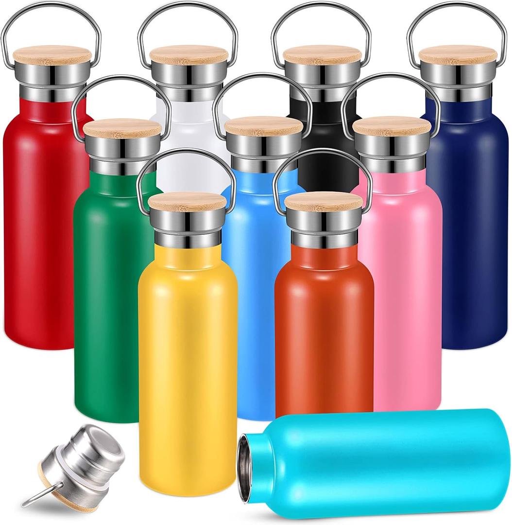 Mimorou 10 Pcs Stainless Steel Sports Water Bottles Bulk 17oz Double Wall Insulated Bottle with Handle and Wooden Leakproof Lid Metal Water Bottle Outdoor for Cyclist Runner Hiker DIY Gift, 10 Colors