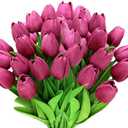 Pseutio 28pcs Hot Pink Flowers Artificial Tulip Stems Real Feel PU Tulips for Easter Spring Wreath Wedding Bouquet Centerpiece Floral Arrangement Cemetery Table Décor 13" Tall