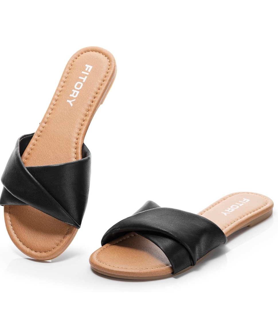 FITORY Women's Flat Sandals Fashion Slides With Soft Leather Slippers for Summer Size 9