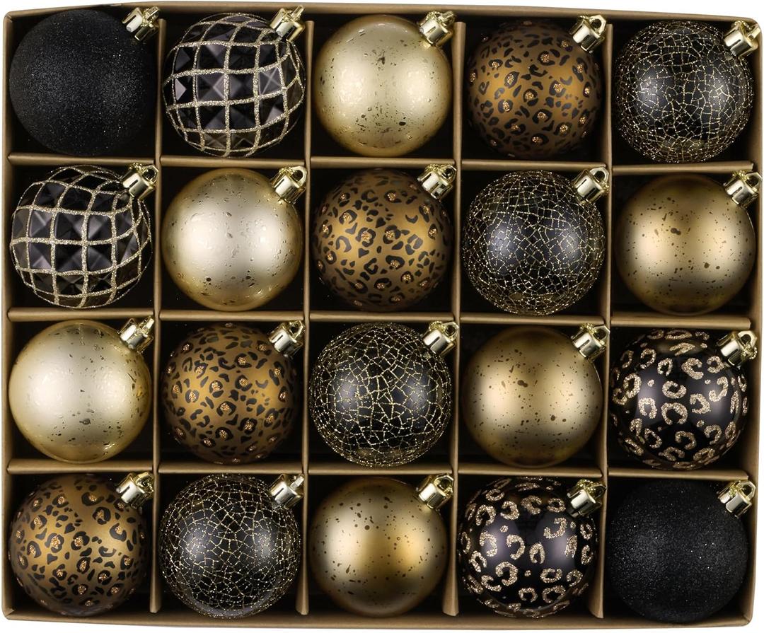 DecorbyHannah Black Gold Christmas Ornaments, 20ct 2.36 inch Leopard Cheetah Print Ornaments for Tree Decorations,Shatterproof Decorative Plastic Hanging Ball for Xmas Home Party Holiday Table Decor